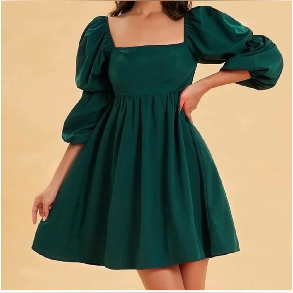 EXLURA Square Neck Dress Long Puff Sleeve A-Line‎ Short Mini Dress Dark Green S